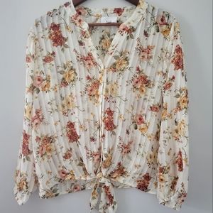 NWOT Fyvre Floral Sheer Blouse, Front Tie